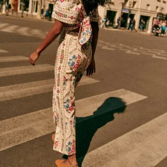 NWT Sezane X Farm Rio Tiago Crop Linen Blend Pant Romantic Garden 42/US Size 10 - Picture 4 of 16